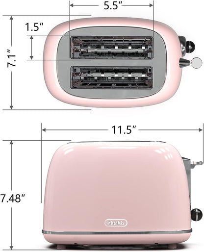 Toaster 2 Slice,Retro Stainless Steel Toaster with 6 Settings, 1.5 in Extra Wide Slots, Bagel/Defrost/Cancel Function, Removable Crumb Tray (Baby Pink)